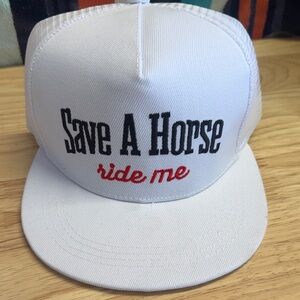 White Trucker Hat with Black and Red Text